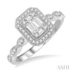 3/8 Ctw Emerald Shape Round Cut and Baguette Diamond Fusion Engagement Ring in 14K White Gold 3/8 Ctw Emerald Shape Round Cut and Baguette Diamond Fusion Engagement Ring in 14K White Gold