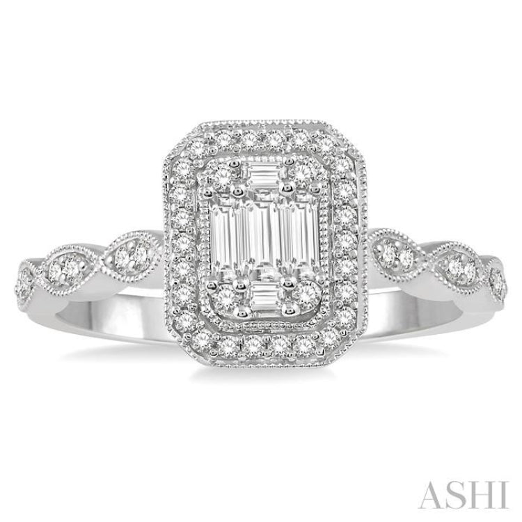 3/8 Ctw Emerald Shape Round Cut and Baguette Diamond Fusion Engagement Ring in 14K White Gold 3/8 Ctw Emerald Shape Round Cut and Baguette Diamond Fusion Engagement Ring in 14K White Gold