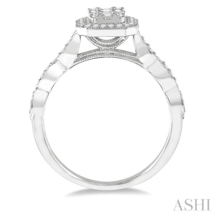 3/8 Ctw Emerald Shape Round Cut and Baguette Diamond Fusion Engagement Ring in 14K White Gold 3/8 Ctw Emerald Shape Round Cut and Baguette Diamond Fusion Engagement Ring in 14K White Gold