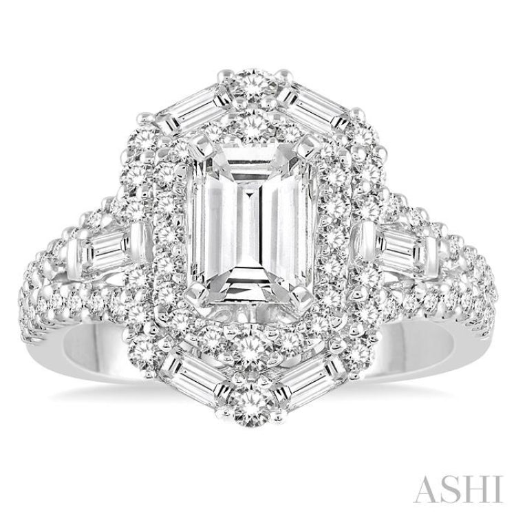 1 1/10 Ctw Emerald Shape Baguette and Round Cut Diamond Semi-Mount Engagement Ring in 14K White Gold 1 1/10 Ctw Emerald Shape Baguette and Round Cut Diamond Semi-Mount Engagement Ring in 14K White Gold