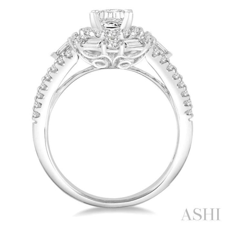 1 1/10 Ctw Emerald Shape Baguette and Round Cut Diamond Semi-Mount Engagement Ring in 14K White Gold 1 1/10 Ctw Emerald Shape Baguette and Round Cut Diamond Semi-Mount Engagement Ring in 14K White Gold