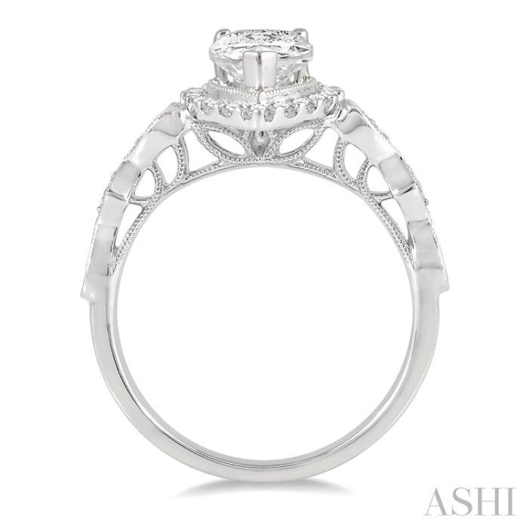 3/4 Ctw Carved Shank Round Cut Diamond Engagement Ring With 3/8 Ct Pear Cut Center Stone in 14K White Gold 3/4 Ctw Carved Shank Round Cut Diamond Engagement Ring With 3/8 Ct Pear Cut Center Stone in 14K White Gold