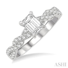 7/8 ctw Twisted Shank Round Cut Diamond Engagement Ring With 1/2 ct Emerald Cut Center Stone in 14K White Gold 7/8 ctw Twisted Shank Round Cut Diamond Engagement Ring With 1/2 ct Emerald Cut Center Stone in 14K White Gold