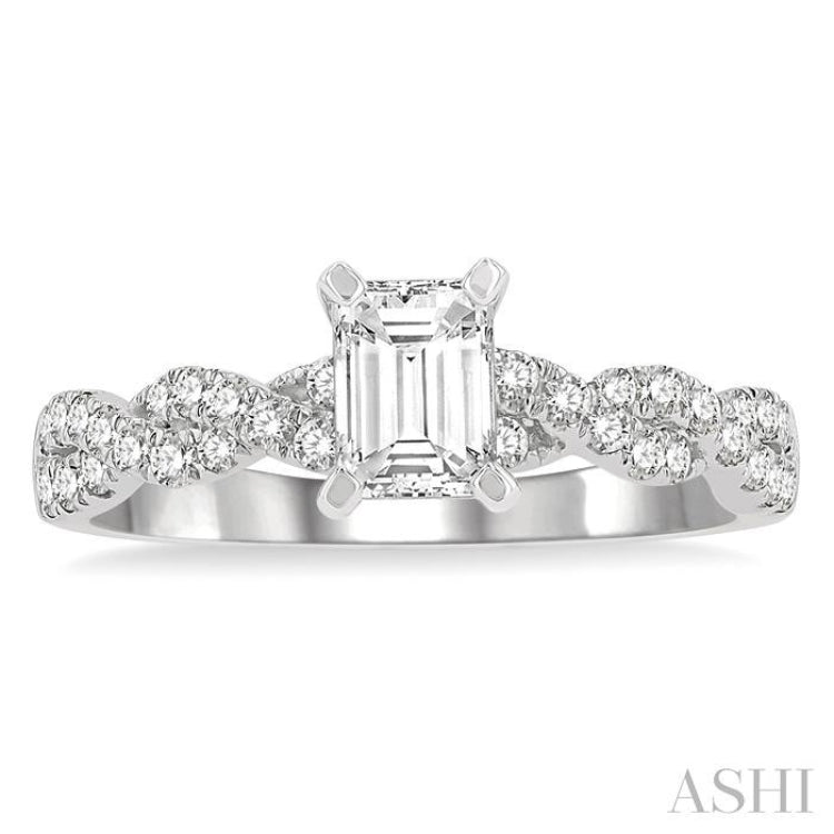 7/8 ctw Twisted Shank Round Cut Diamond Engagement Ring With 1/2 ct Emerald Cut Center Stone in 14K White Gold 7/8 ctw Twisted Shank Round Cut Diamond Engagement Ring With 1/2 ct Emerald Cut Center Stone in 14K White Gold