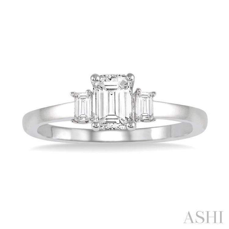 3/8 Ctw Octagonal and Baguette Diamond Ladies Engagement Ring with 1/3 Ct Emerald cut Center Stone in 14K White Gold 3/8 Ctw Octagonal and Baguette Diamond Ladies Engagement Ring with 1/3 Ct Emerald cut Center Stone in 14K White Gold