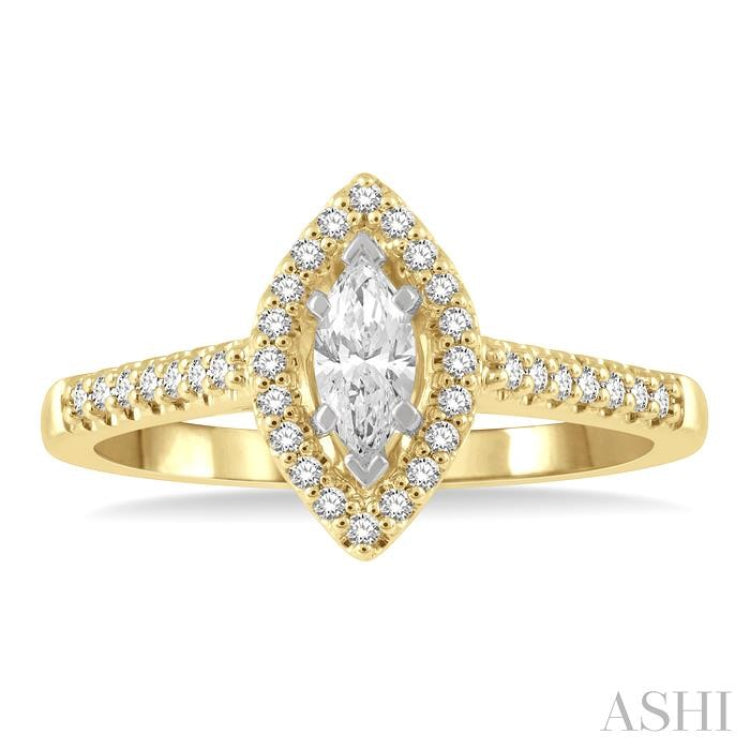 1/2 Ctw Round Cut Diamond Engagement Ring With 1/4 Ct Marquise Cut Center Stone in 14K Yellow and White Gold 1/2 Ctw Round Cut Diamond Engagement Ring With 1/4 Ct Marquise Cut Center Stone in 14K Yellow and White Gold