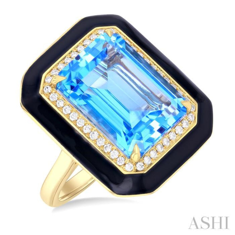 14x10 MM Emerald Cut Blue Topaz and 1/5 Ctw Round Cut Diamond Halo & Black Enamel Border Semi-Precious Ring in 14K Yellow Gold 14x10 MM Emerald Cut Blue Topaz and 1/5 Ctw Round Cut Diamond Halo & Black Enamel Border Semi-Precious Ring in 14K Yellow Gold