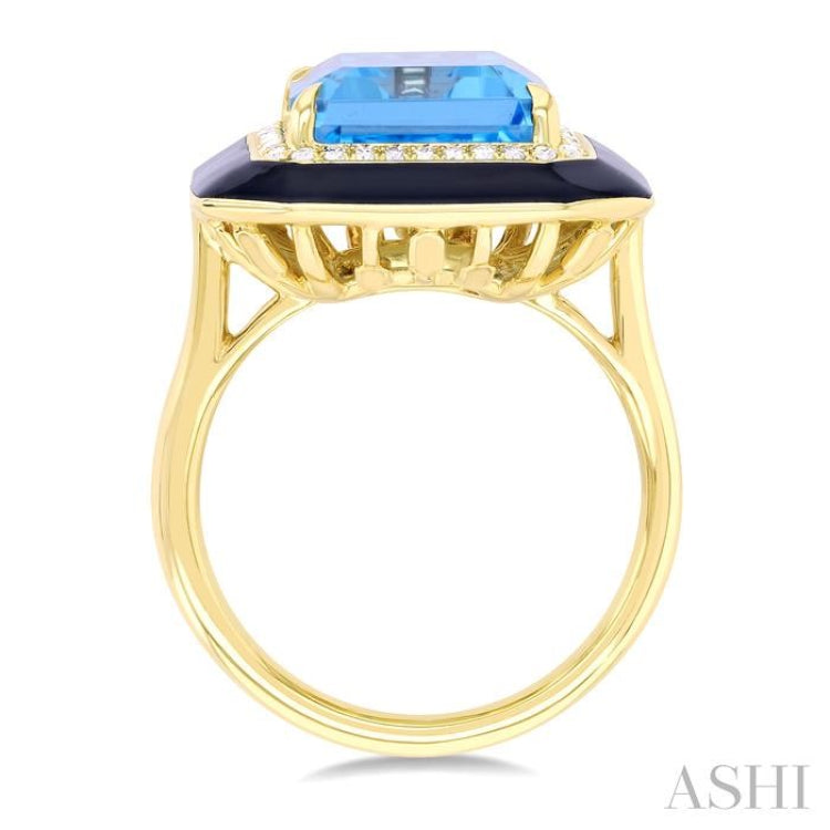 14x10 MM Emerald Cut Blue Topaz and 1/5 Ctw Round Cut Diamond Halo & Black Enamel Border Semi-Precious Ring in 14K Yellow Gold 14x10 MM Emerald Cut Blue Topaz and 1/5 Ctw Round Cut Diamond Halo & Black Enamel Border Semi-Precious Ring in 14K Yellow Gold