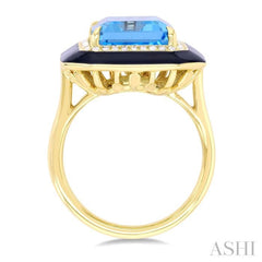 14x10 MM Emerald Cut Blue Topaz and 1/5 Ctw Round Cut Diamond Halo & Black Enamel Border Semi-Precious Ring in 14K Yellow Gold 14x10 MM Emerald Cut Blue Topaz and 1/5 Ctw Round Cut Diamond Halo & Black Enamel Border Semi-Precious Ring in 14K Yellow Gold