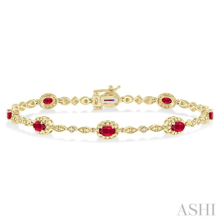 5x3 MM Oval Cut Ruby and 1/20 Ctw Single Cut Diamond Bracelet in 10K Yellow Gold 5x3 MM Oval Cut Ruby and 1/20 Ctw Single Cut Diamond Bracelet in 10K Yellow Gold