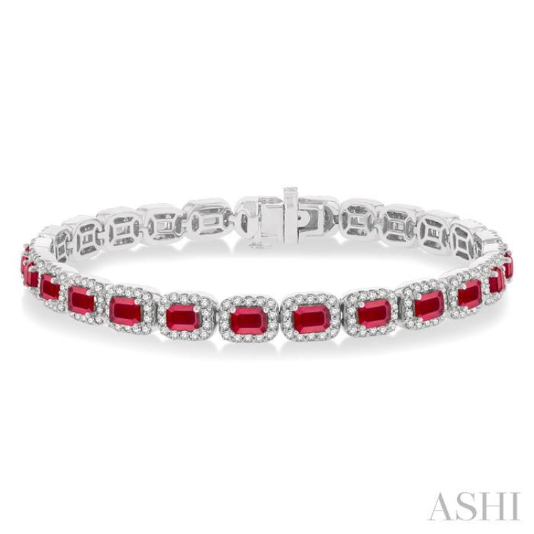 4X3 MM Emerald Cut Ruby and 2 1/5 Ctw Round Cut Diamond Halo Precious Bracelet in 14K White Gold 4X3 MM Emerald Cut Ruby and 2 1/5 Ctw Round Cut Diamond Halo Precious Bracelet in 14K White Gold