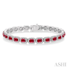4X3 MM Emerald Cut Ruby and 2 1/5 Ctw Round Cut Diamond Halo Precious Bracelet in 14K White Gold 4X3 MM Emerald Cut Ruby and 2 1/5 Ctw Round Cut Diamond Halo Precious Bracelet in 14K White Gold