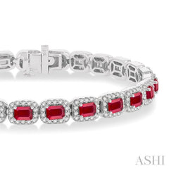 4X3 MM Emerald Cut Ruby and 2 1/5 Ctw Round Cut Diamond Halo Precious Bracelet in 14K White Gold 4X3 MM Emerald Cut Ruby and 2 1/5 Ctw Round Cut Diamond Halo Precious Bracelet in 14K White Gold