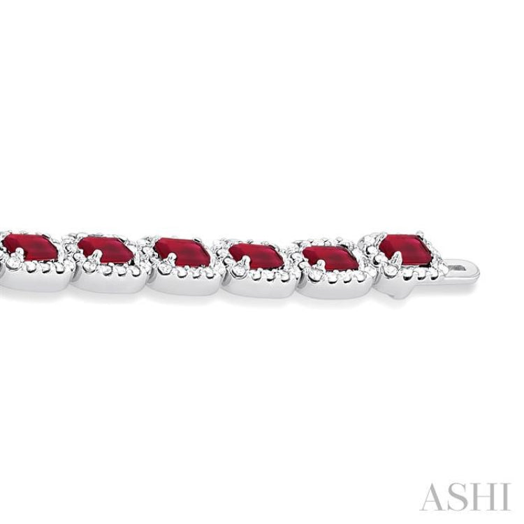 4X3 MM Emerald Cut Ruby and 2 1/5 Ctw Round Cut Diamond Halo Precious Bracelet in 14K White Gold 4X3 MM Emerald Cut Ruby and 2 1/5 Ctw Round Cut Diamond Halo Precious Bracelet in 14K White Gold