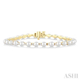 4 MM Cultured Pearl and 3/4 Ctw Round Cut Diamond Tennis Bracelet in 14K Yellow Gold