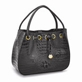 Luixury Giftware by Jere Top Grain Leather Croc Texture Black Drawstring Magnetic Snap Handbag with 2 Slip Pockets, 2 Pen Pockets, Key Fob