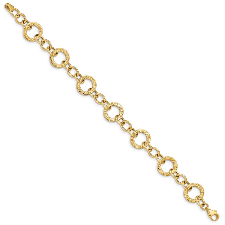 14k Polished and Textured 12mm Fancy Circle Link 7.25 inch Bracelet 14k Polished and Textured 12mm Fancy Circle Link 7.25 inch Bracelet