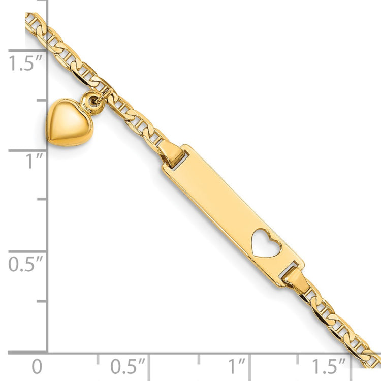 14k Polished Solid Chain/Solid Plate Cut-out Heart with Heart Dangle Anchor Link 22x5mm Plate 6 inch Baby/Child ID Bracelet 14k Polished Solid Chain/Solid Plate Cut-out Heart with Heart Dangle Anchor Link 22x5mm Plate 6 inch Baby/Child ID Bracelet