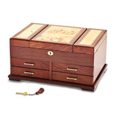 Luxury Giftware by Jere High Gloss Bubinga Veneer w/Mapa Burl and Scrolled Inlay Fold-out Top 4-drawer Locking Wooden Jewelry Box
