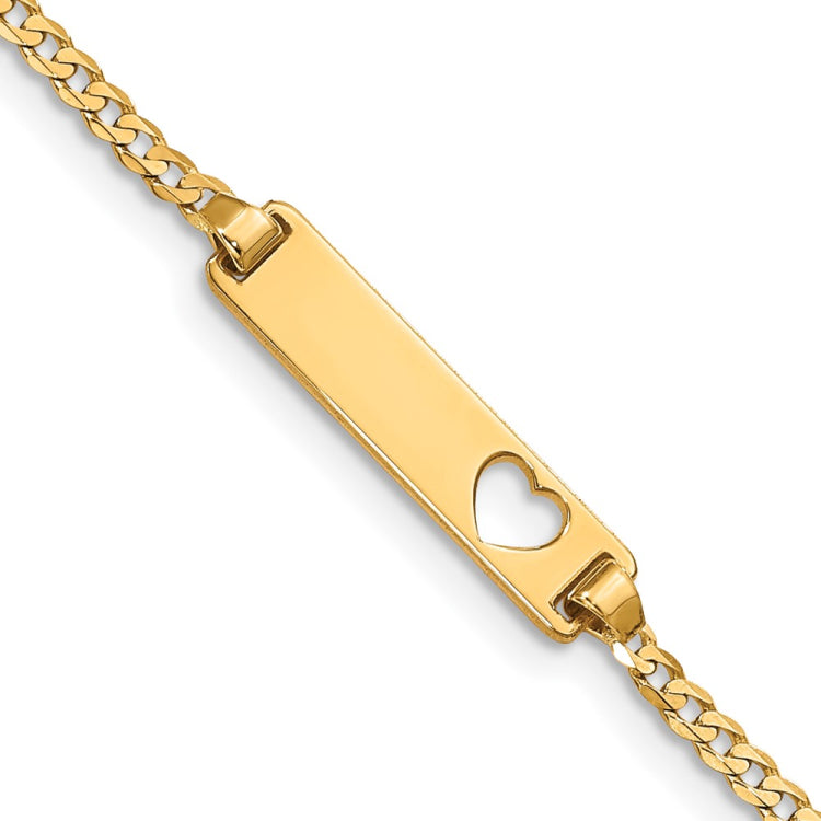 14k Polished Solid Chain/Solid Plate Curb Link Cut-out Heart 21x5mm Plate 5.5 inch Baby/Child ID Bracelet 14k Polished Solid Chain/Solid Plate Curb Link Cut-out Heart 21x5mm Plate 5.5 inch Baby/Child ID Bracelet