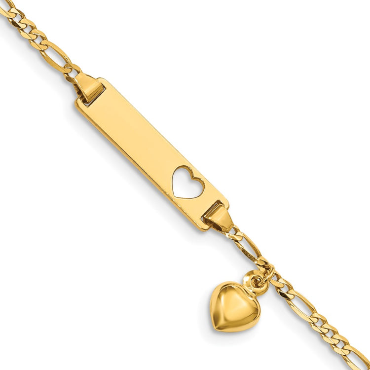 14k Polished Solid Chain/Solid Plate Cut-out Heart with Heart Dangle Figaro Link 21x5mm Plate 6 inch Baby/Child ID Bracelet 14k Polished Solid Chain/Solid Plate Cut-out Heart with Heart Dangle Figaro Link 21x5mm Plate 6 inch Baby/Child ID Bracelet