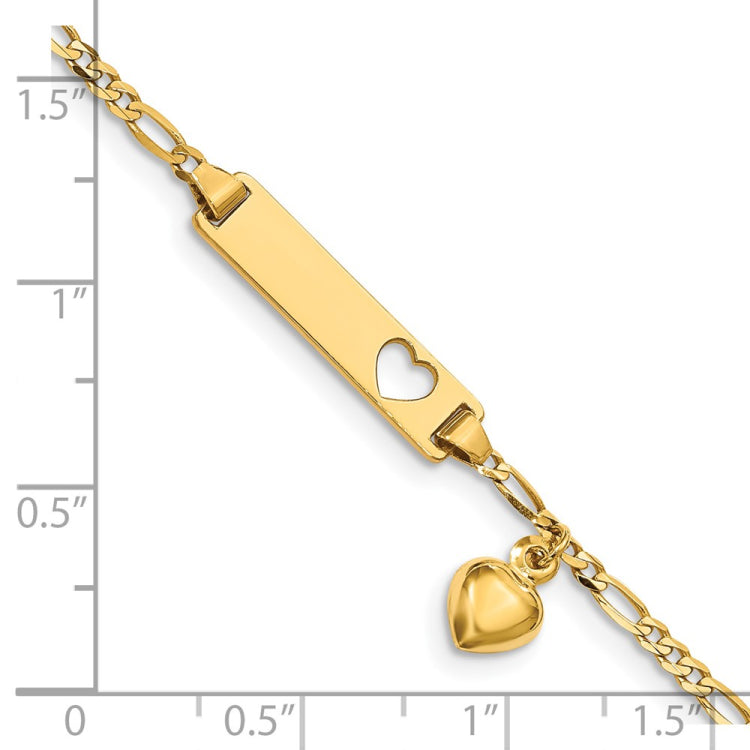 14k Polished Solid Chain/Solid Plate Cut-out Heart with Heart Dangle Figaro Link 21x5mm Plate 6 inch Baby/Child ID Bracelet 14k Polished Solid Chain/Solid Plate Cut-out Heart with Heart Dangle Figaro Link 21x5mm Plate 6 inch Baby/Child ID Bracelet