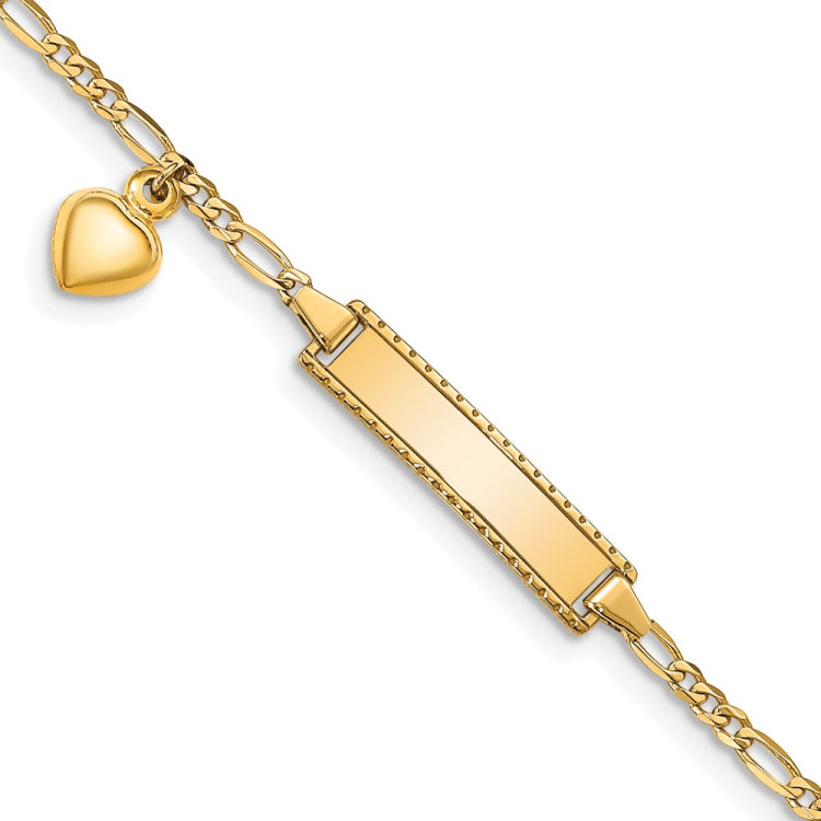 14k Polished Solid Chain/Solid Plate Heart Dangle Figaro Link 21x6mm Plate 6 inch Baby/Child ID Bracelet 14k Polished Solid Chain/Solid Plate Heart Dangle Figaro Link 21x6mm Plate 6 inch Baby/Child ID Bracelet