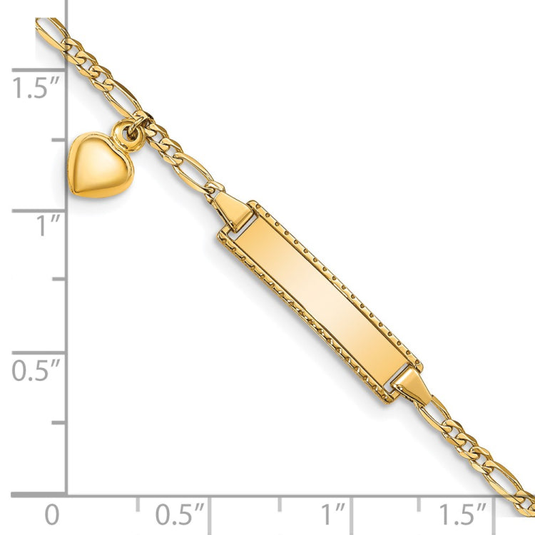 14k Polished Solid Chain/Solid Plate Heart Dangle Figaro Link 21x6mm Plate 6 inch Baby/Child ID Bracelet 14k Polished Solid Chain/Solid Plate Heart Dangle Figaro Link 21x6mm Plate 6 inch Baby/Child ID Bracelet