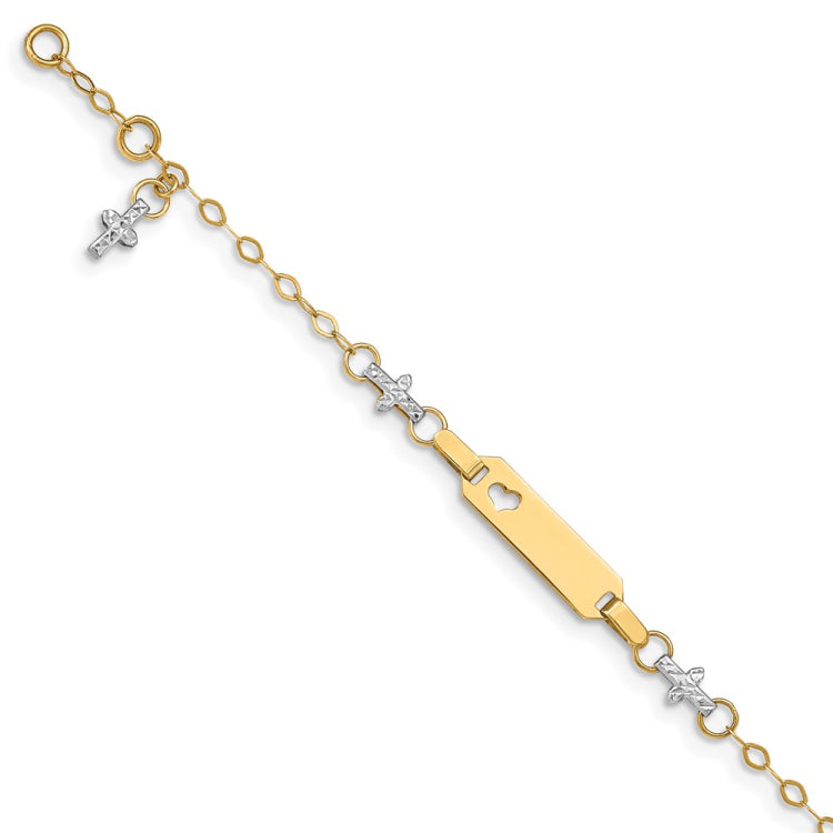 14k Two-tone Polished Textured Cross and Cut-out Heart 18x5mm Plate 4.5 inch Baby/Child ID Bracelet with 1 inch Extender 14k Two-tone Polished Textured Cross and Cut-out Heart 18x5mm Plate 4.5 inch Baby/Child ID Bracelet with 1 inch Extender