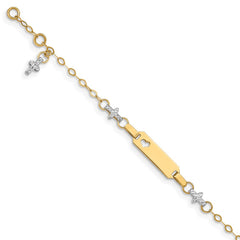 14k Two-tone Polished Textured Cross and Cut-out Heart 18x5mm Plate 4.5 inch Baby/Child ID Bracelet with 1 inch Extender 14k Two-tone Polished Textured Cross and Cut-out Heart 18x5mm Plate 4.5 inch Baby/Child ID Bracelet with 1 inch Extender