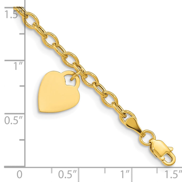 14K Engravable 14x10mm Solid Dangle Heart Charm and Hollow Chain 7.5 inch Bracelet 14K Engravable 14x10mm Solid Dangle Heart Charm and Hollow Chain 7.5 inch Bracelet