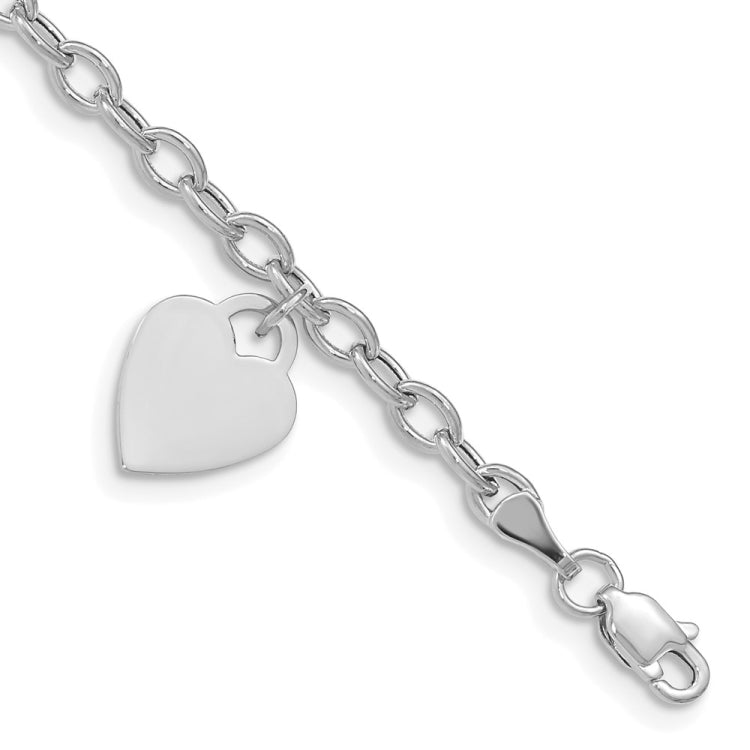 14k White Gold Engravable 14x10mm Solid Dangle Heart Charm and Hollow Chain 7.5 inch Bracelet 14k White Gold Engravable 14x10mm Solid Dangle Heart Charm and Hollow Chain 7.5 inch Bracelet