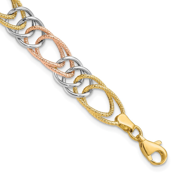 14k Tri-color Polished and Textured 8.5mm Fancy Double Link 7.25 inch Bracelet 14k Tri-color Polished and Textured 8.5mm Fancy Double Link 7.25 inch Bracelet