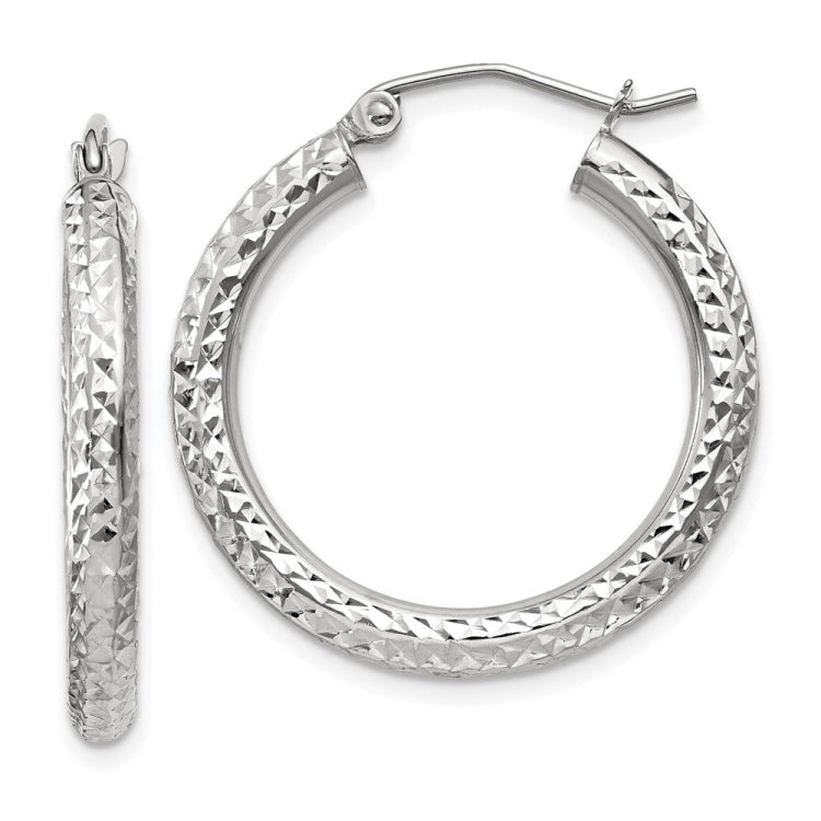 14k White Gold 3x25mm Diamond-cut Round Tube Hoop Earrings 14k White Gold 3x25mm Diamond-cut Round Tube Hoop Earrings