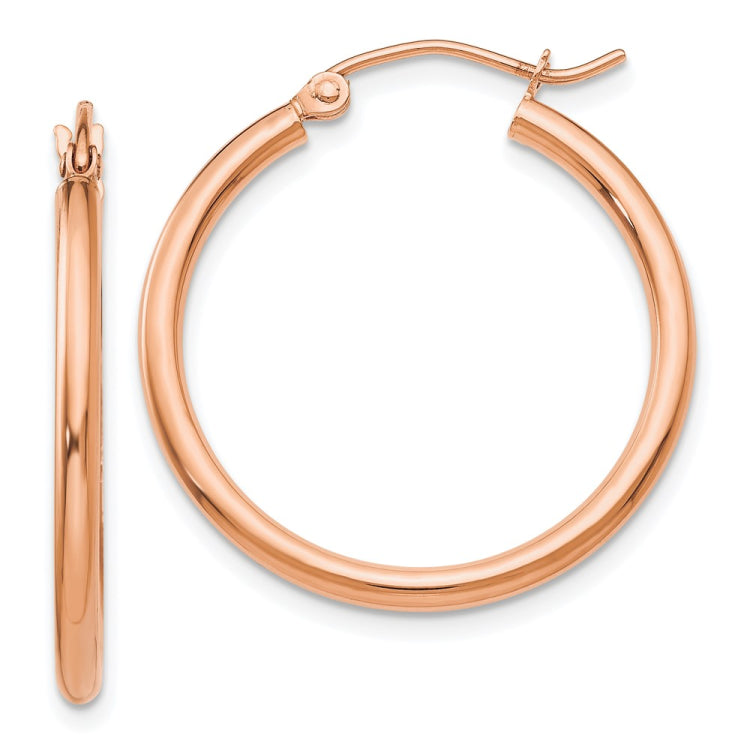 14k Rose Gold 2x25mm Polished Lightweight Tube Hoop Earrings 14k Rose Gold 2x25mm Polished Lightweight Tube Hoop Earrings