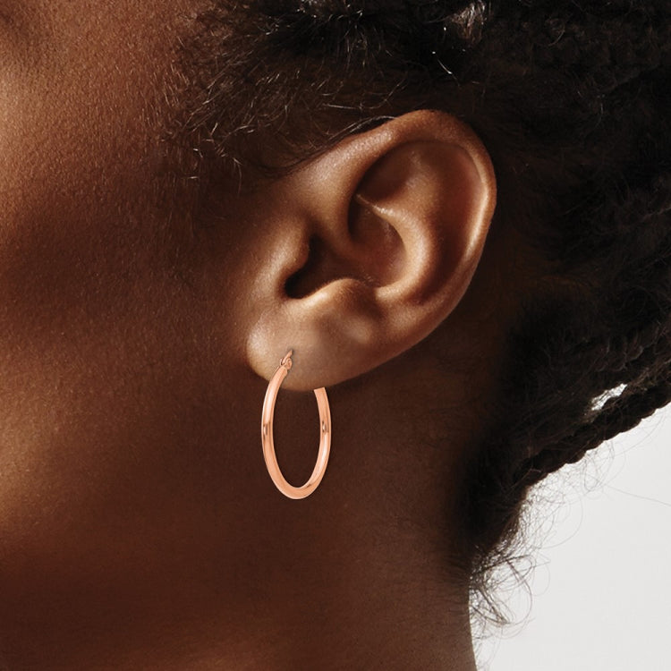 14k Rose Gold 2x25mm Polished Lightweight Tube Hoop Earrings 14k Rose Gold 2x25mm Polished Lightweight Tube Hoop Earrings