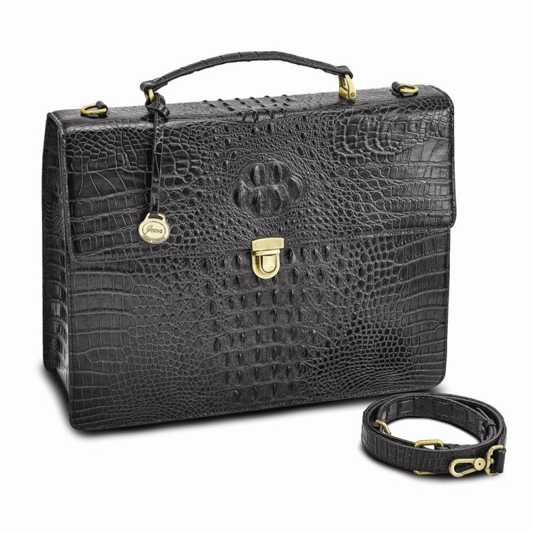 Luxury Giftware by Jere Top Grain Leather Croc Texture Black Briefcase/Messenger Bag with Zip Pocket, Pen Pockets, Key Fob, and Detachable Shoulder Strap Luxury Giftware by Jere Top Grain Leather Croc Texture Black Briefcase/Messenger Bag with Zip Pocket, Pen Pockets, Key Fob, and Detachable Shoulder Strap