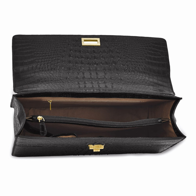 Luxury Giftware by Jere Top Grain Leather Croc Texture Black Briefcase/Messenger Bag with Zip Pocket, Pen Pockets, Key Fob, and Detachable Shoulder Strap Luxury Giftware by Jere Top Grain Leather Croc Texture Black Briefcase/Messenger Bag with Zip Pocket, Pen Pockets, Key Fob, and Detachable Shoulder Strap