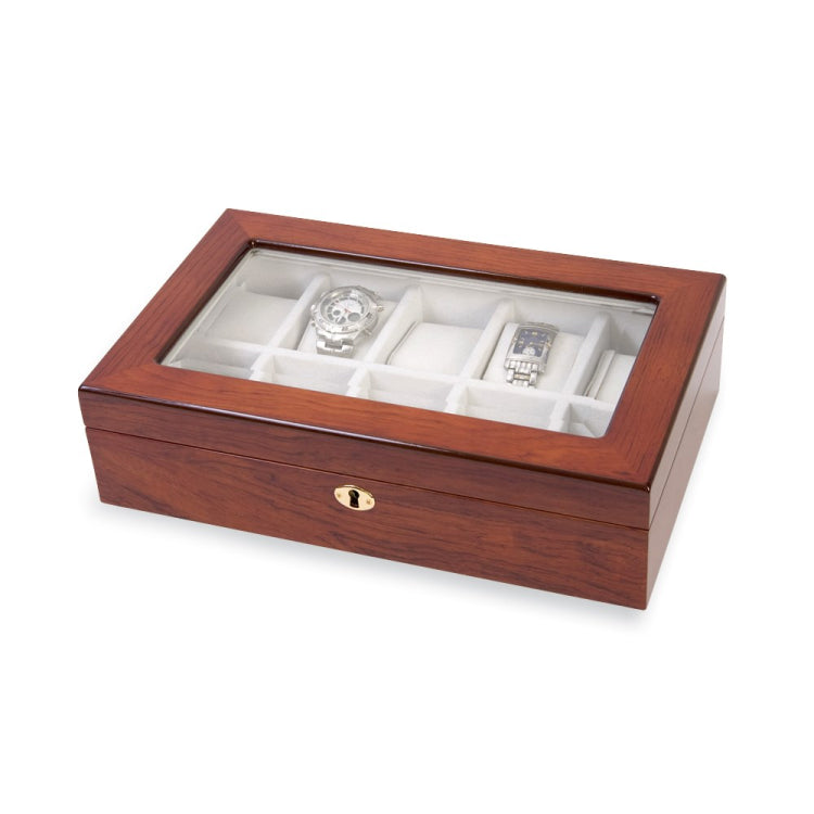 Luxury Giftware by Jere High Gloss Rosewood Finish Veneer Beveled Glass Lid Locking Wooden 10-Watch Case Luxury Giftware by Jere High Gloss Rosewood Finish Veneer Beveled Glass Lid Locking Wooden 10-Watch Case