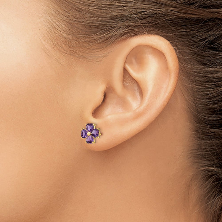 14k Heart-shaped Amethyst Flower Post Earrings 14k Heart-shaped Amethyst Flower Post Earrings