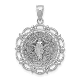 14K White Gold Polished Solid Large Miraculous Medal With Scallop Frame Round Pendant