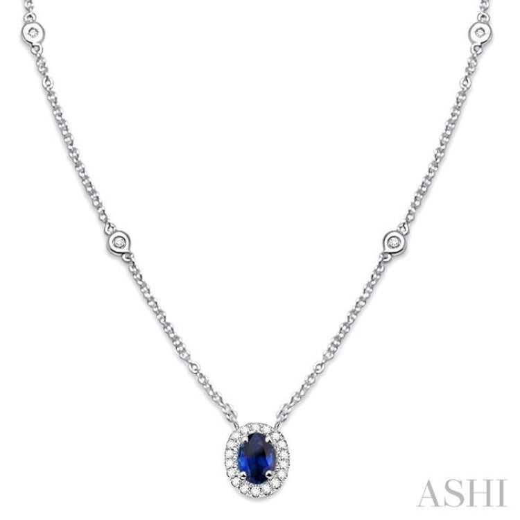 6x4 MM Oval Cut Sapphire and 1/6 Ctw Round Cut Diamond Necklace in 14K White Gold 6x4 MM Oval Cut Sapphire and 1/6 Ctw Round Cut Diamond Necklace in 14K White Gold