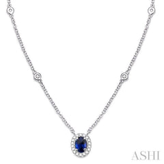 6x4 MM Oval Cut Sapphire and 1/6 Ctw Round Cut Diamond Necklace in 14K White Gold 6x4 MM Oval Cut Sapphire and 1/6 Ctw Round Cut Diamond Necklace in 14K White Gold