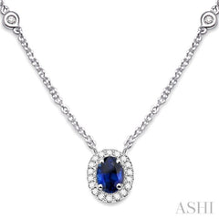 6x4 MM Oval Cut Sapphire and 1/6 Ctw Round Cut Diamond Necklace in 14K White Gold 6x4 MM Oval Cut Sapphire and 1/6 Ctw Round Cut Diamond Necklace in 14K White Gold