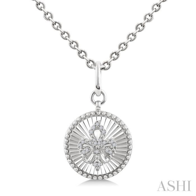 1/10 Ctw Round fluted medallion Single Cut Diamond Fleur-De-Lis Pendant With Chain in Sterling Silver 1/10 Ctw Round fluted medallion Single Cut Diamond Fleur-De-Lis Pendant With Chain in Sterling Silver
