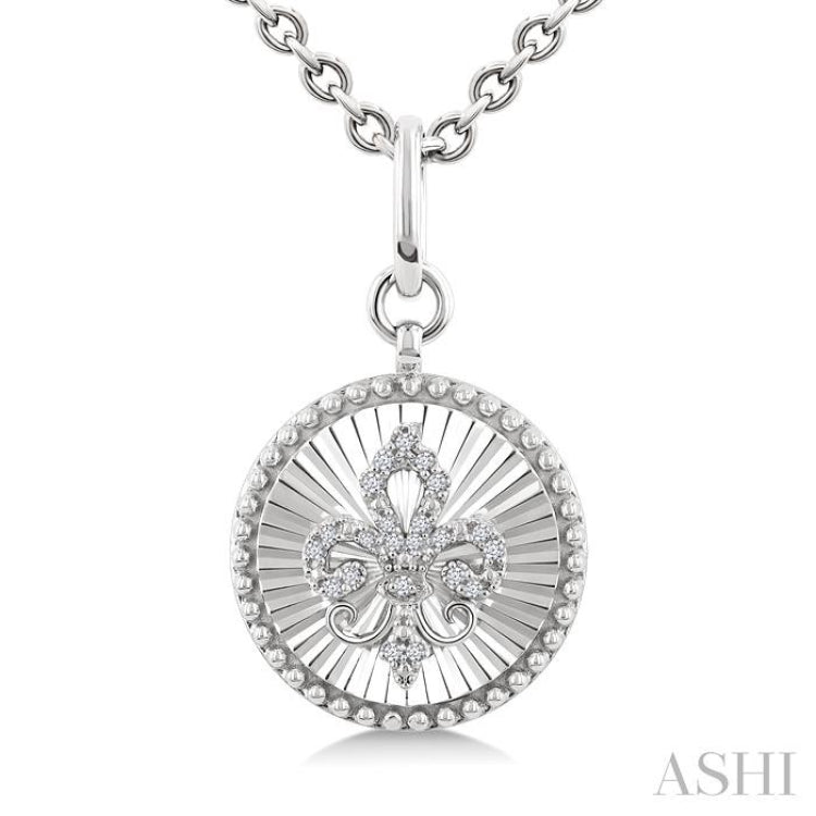 1/10 Ctw Round fluted medallion Single Cut Diamond Fleur-De-Lis Pendant With Chain in Sterling Silver 1/10 Ctw Round fluted medallion Single Cut Diamond Fleur-De-Lis Pendant With Chain in Sterling Silver
