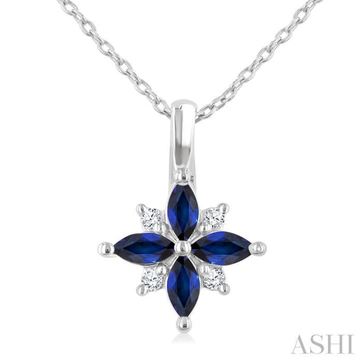 4X2 MM Marquise Shape Sapphire and 1/20 Ctw Round Cut Diamond Blossom Pendant With Chain in 10K White Gold 4X2 MM Marquise Shape Sapphire and 1/20 Ctw Round Cut Diamond Blossom Pendant With Chain in 10K White Gold