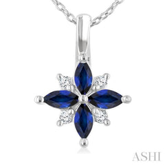 4X2 MM Marquise Shape Sapphire and 1/20 Ctw Round Cut Diamond Blossom Pendant With Chain in 10K White Gold 4X2 MM Marquise Shape Sapphire and 1/20 Ctw Round Cut Diamond Blossom Pendant With Chain in 10K White Gold