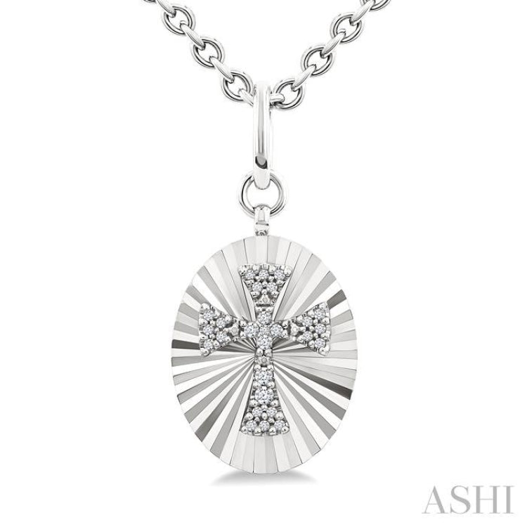 1/10 Ctw Oval Fluted Medallion Single Cut Diamond Cross Pendant With Chain in Sterling Silver 1/10 Ctw Oval Fluted Medallion Single Cut Diamond Cross Pendant With Chain in Sterling Silver