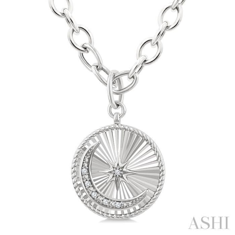 1/20 Ctw Circle Fluted Medallion Single Cut Diamond Moon & Star Fashion Pendant With Chain in Sterling Silver 1/20 Ctw Circle Fluted Medallion Single Cut Diamond Moon & Star Fashion Pendant With Chain in Sterling Silver